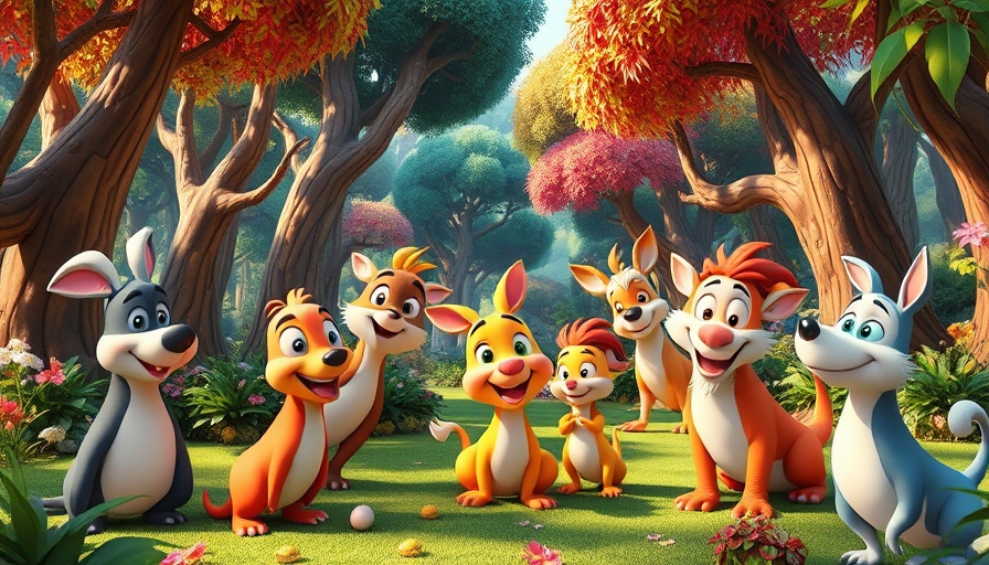 Funny animal cartoon scene in a vibrant forest.