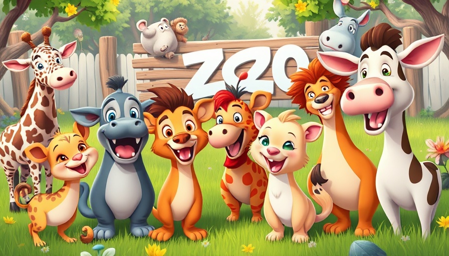 Playful cartoon zoo animals in a funny animal video setting.