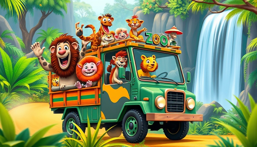 Animated zoo truck with animals driving in jungle, funny animal videos.