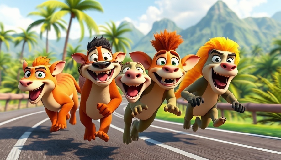 Funny cartoon animals racing on a track, vibrant jungle background.