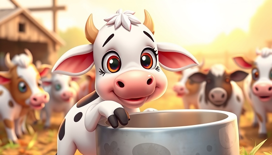 Cartoon baby cow's emotional plea for food on a sunny farm.