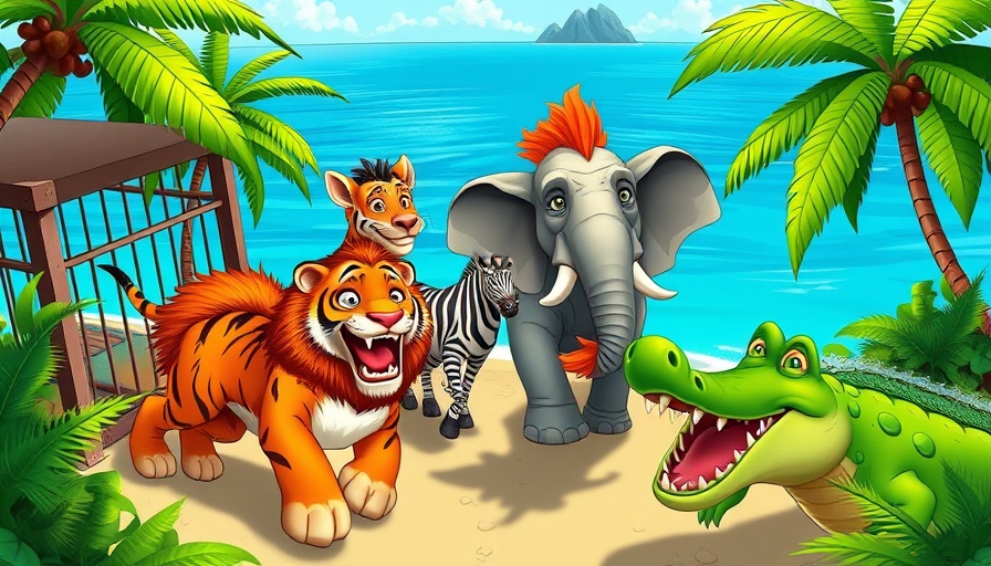 Wild Island Zoo Escape with animated animals breaking free on a tropical island.