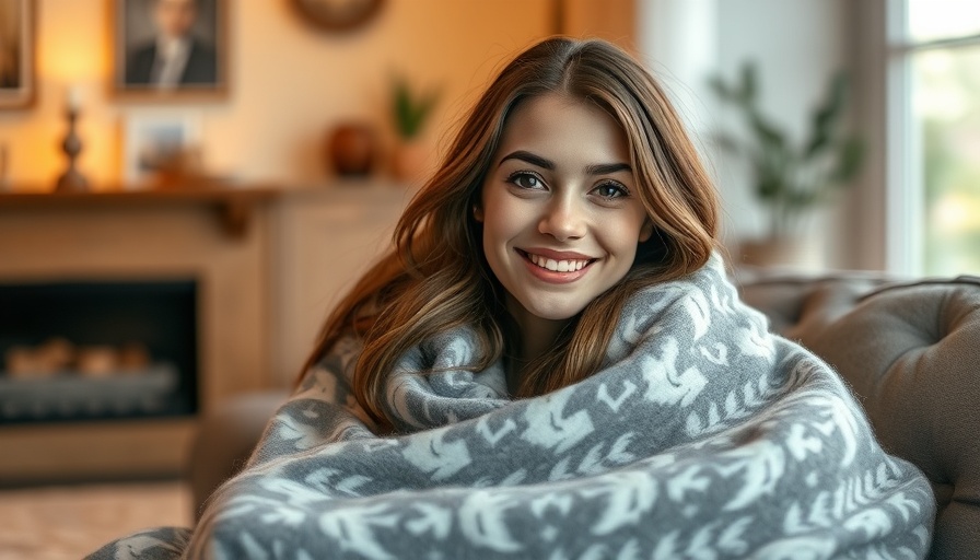 Young woman indoors smiling, wrapped in blanket, cozy setting.