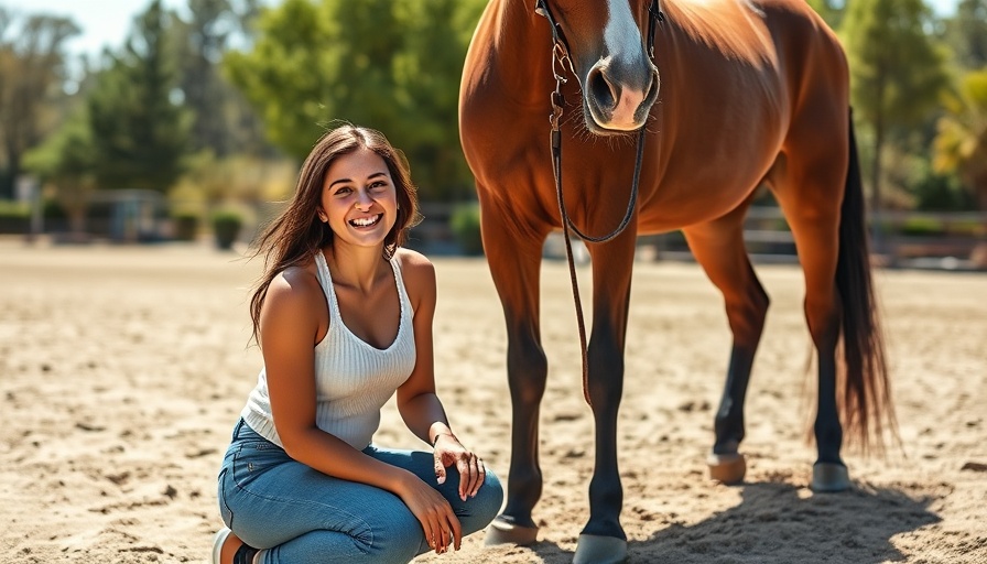 Beginner vs Experienced Horse Owners: Smiling woman kneels by horse in sunny arena.