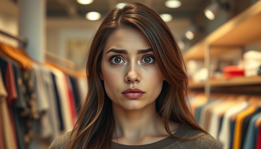 Young woman shopping, looking confused, in a clothing store.
