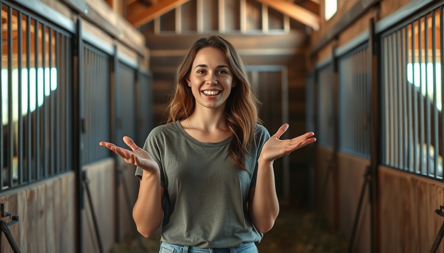 Humorous young woman in a barn gesturing animatedly.