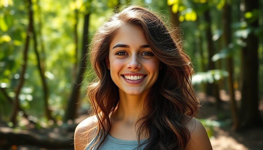 Smiling woman outdoors in nature, sunlight filtering through trees