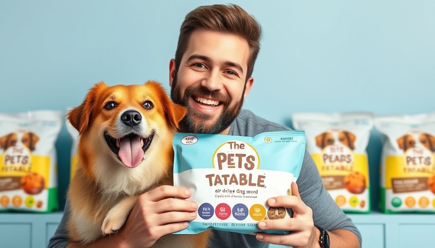 The Pets Table air-dried dog food with man and happy dog.