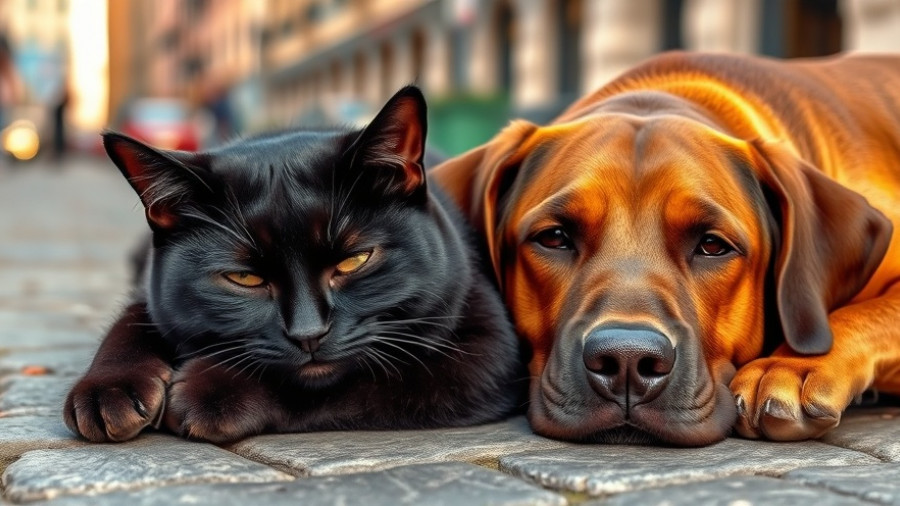 Black cat and brown dog peacefully lying on a stone surface, dogs vs cats loyalty.
