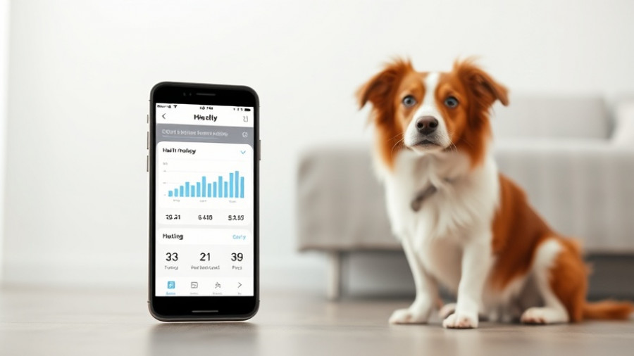 Maven Dog Health Tracker app displayed beside attentive dog indoors.
