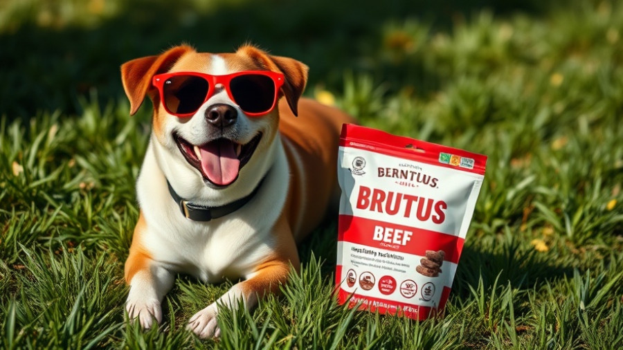 Dog enjoying bone broth for dogs on grass with red sunglasses.