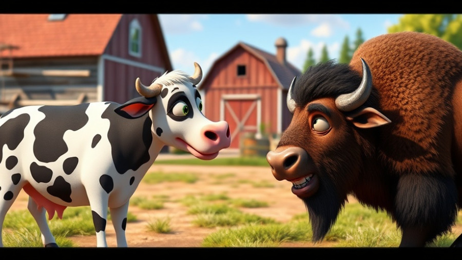 Humorous cartoon cow and bison face-off, Pixar style, in farm setting.