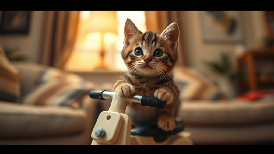 Hilarious kitten on toy scooter, cozy room setting.