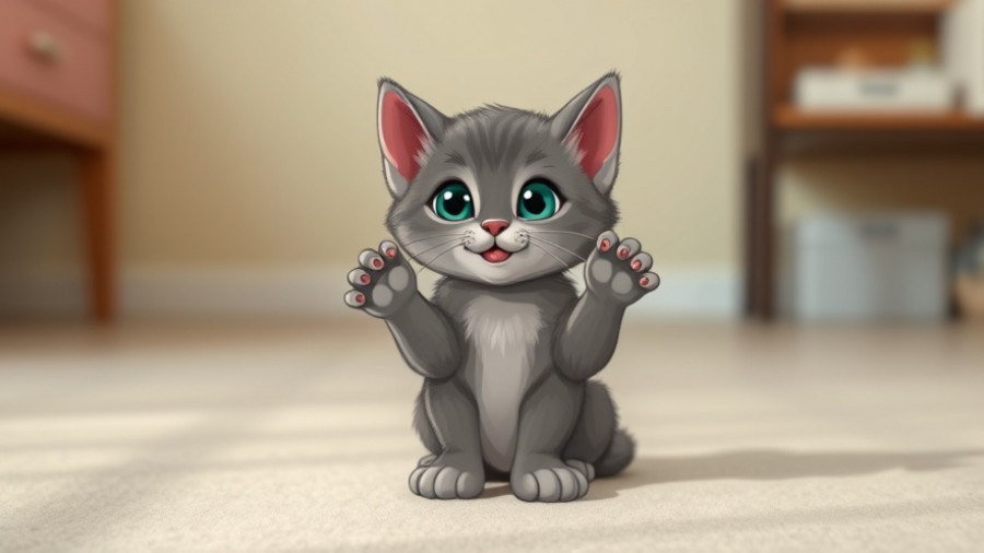 Funny animals: playful kitten with a toy gun, cartoon style.