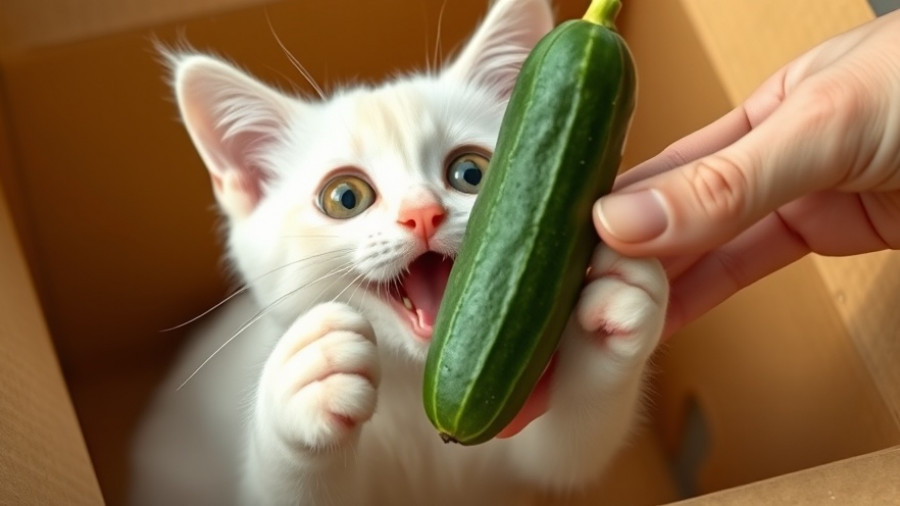 Benefits of cat ownership: playful and entertaining white cat reacting to cucumbers.