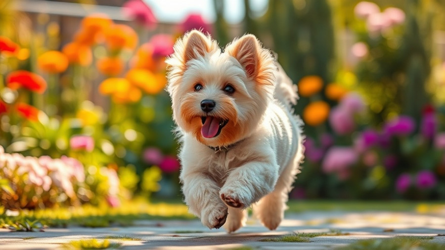Fluffy dog playfully running in a garden, best dog breeds that don’t shed.