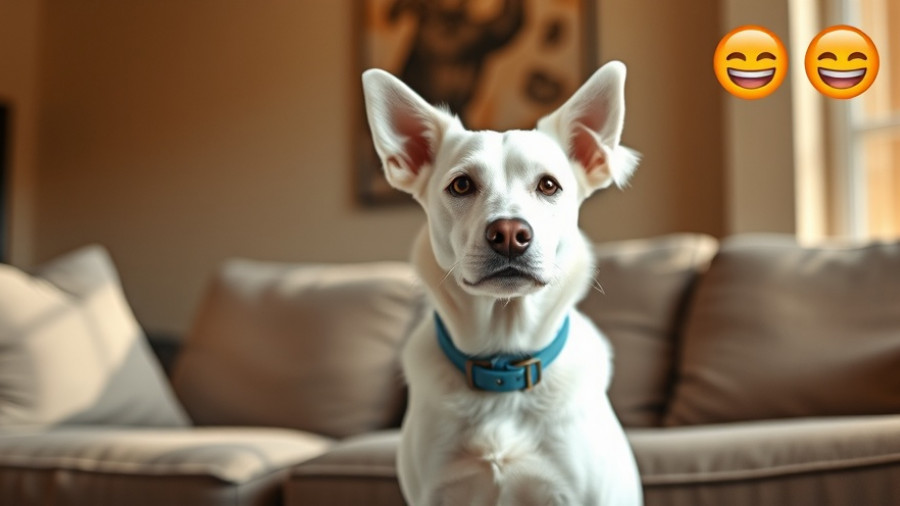 Funny white dog sitting alertly on couch with laughing emoji.