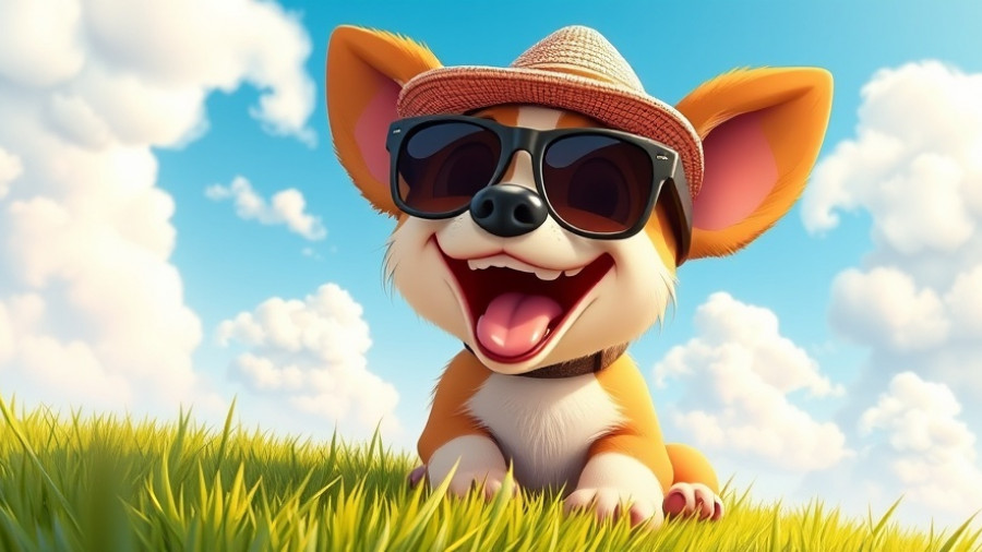 Playful dog in sunglasses sitting on grass, funny dog stuff.