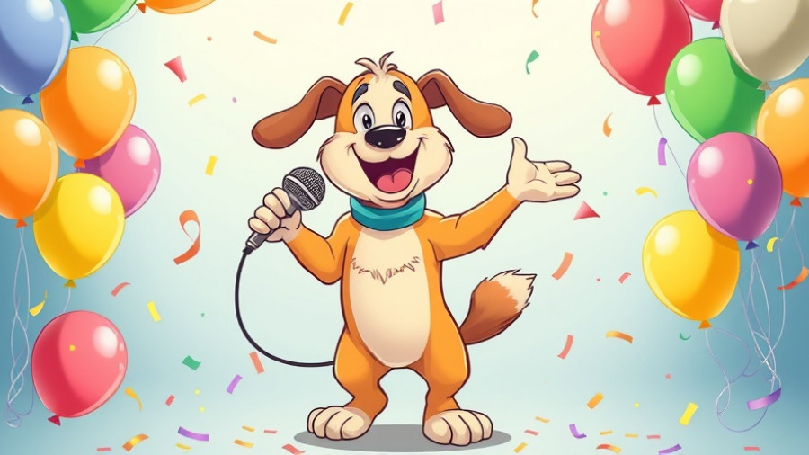 Funny dog stuff cartoon with balloons and confetti.