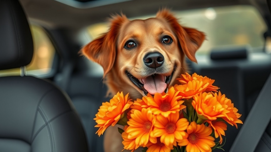 Funny pet moments: happy dog in car with bouquet of flowers.