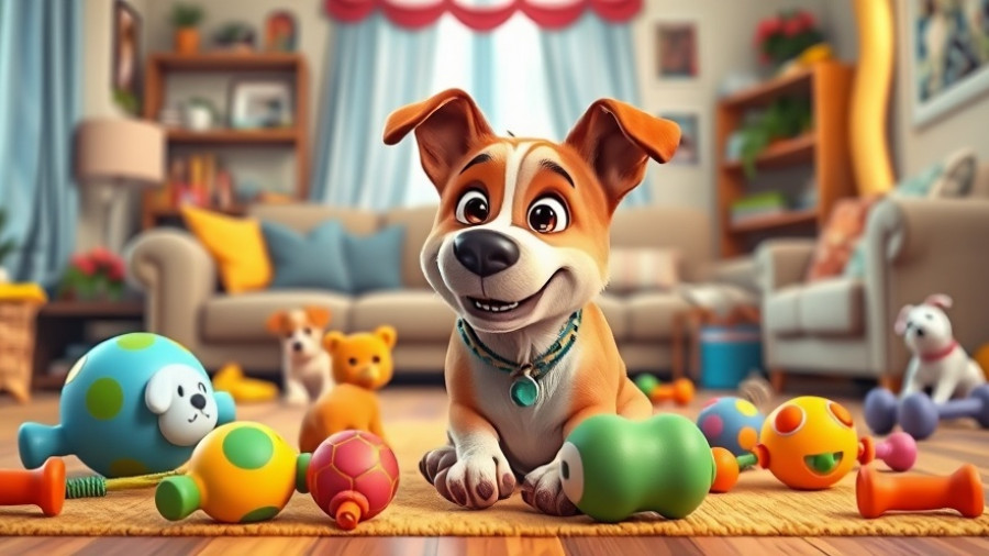 Funny Dog Stuff: Cartoon dog playing with toys in a vibrant room.