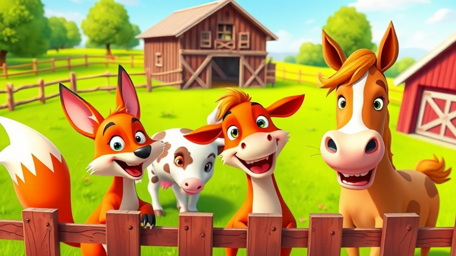 Funny animated animals playing on a farm in a cartoon style.