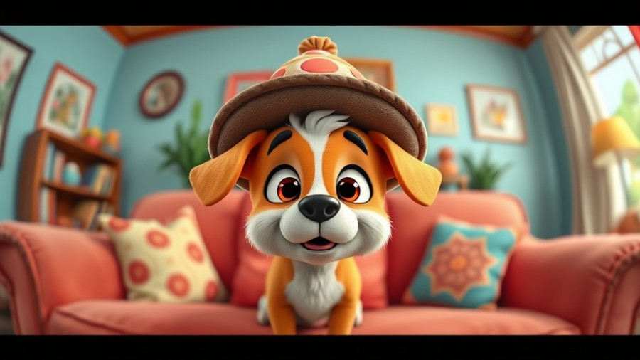 Funny pet stuff: Cartoon pet with hat on a colorful couch.