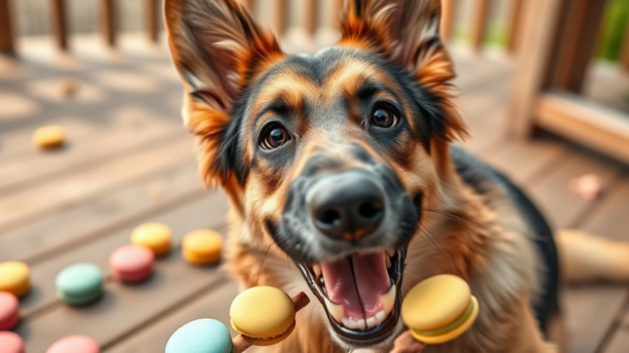 Funny pet moments with German Shepherd and macarons on a deck.