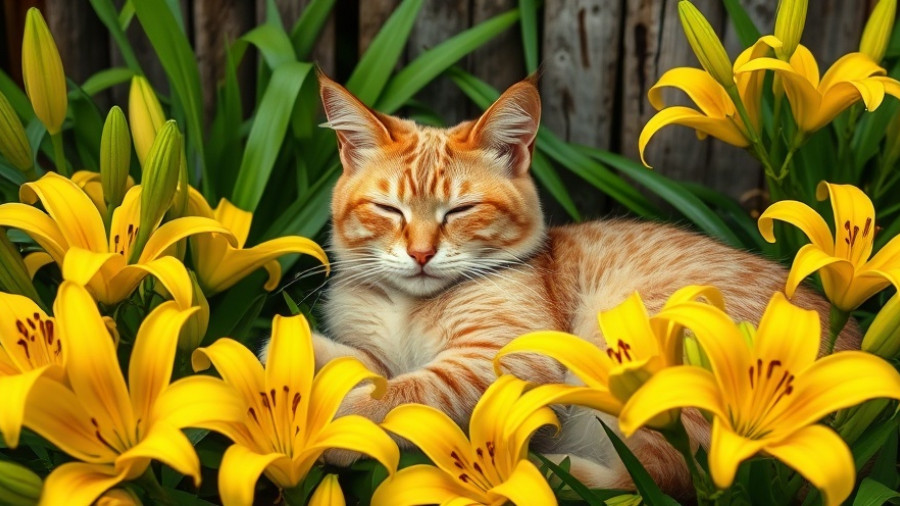 Ginger tabby cat resting in garden with bright yellow lilies.