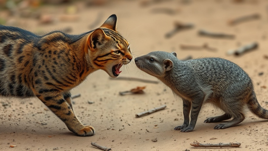 Cat and mongoose facing off on dirt path in natural setting