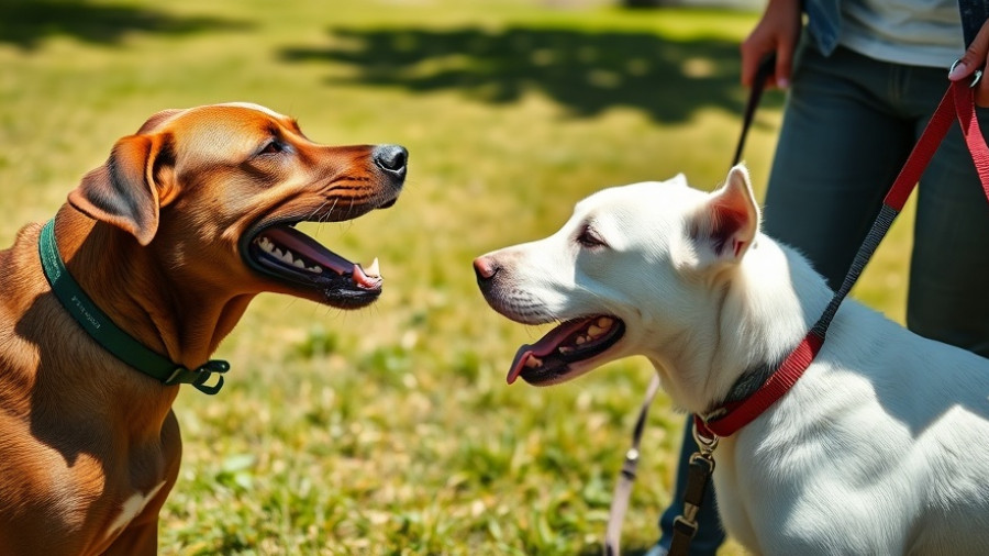 Two dogs encountering each other, one barking, in a park.