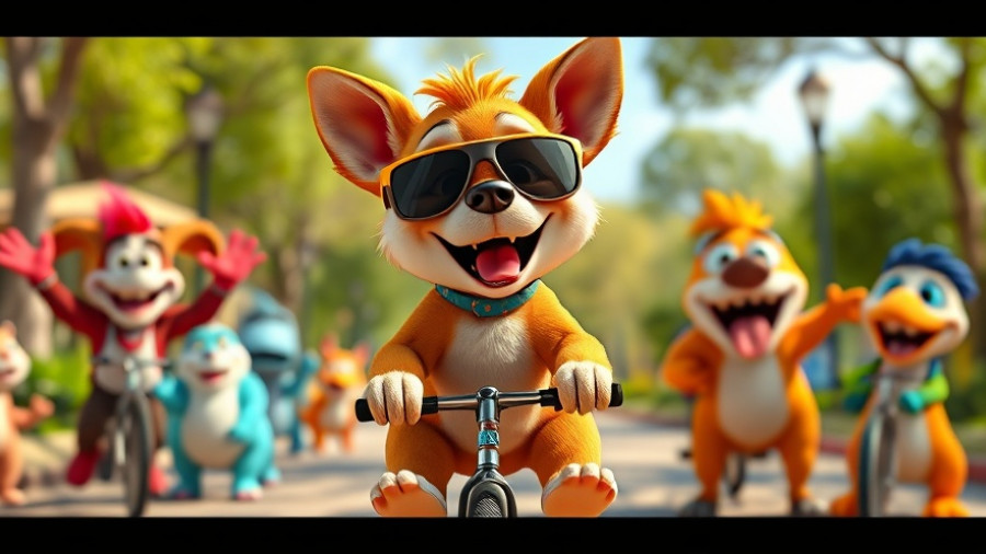 Funny dog stuff: Cartoon dog in sunglasses on a unicycle.