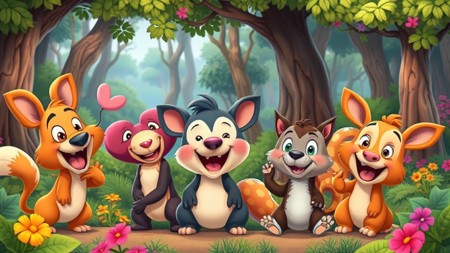 Funny Animal Stuff cartoon animals playing in a vibrant forest.