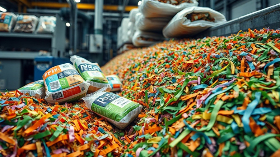 Industrial pet food packaging recycling process with sorted bags and shredded material.