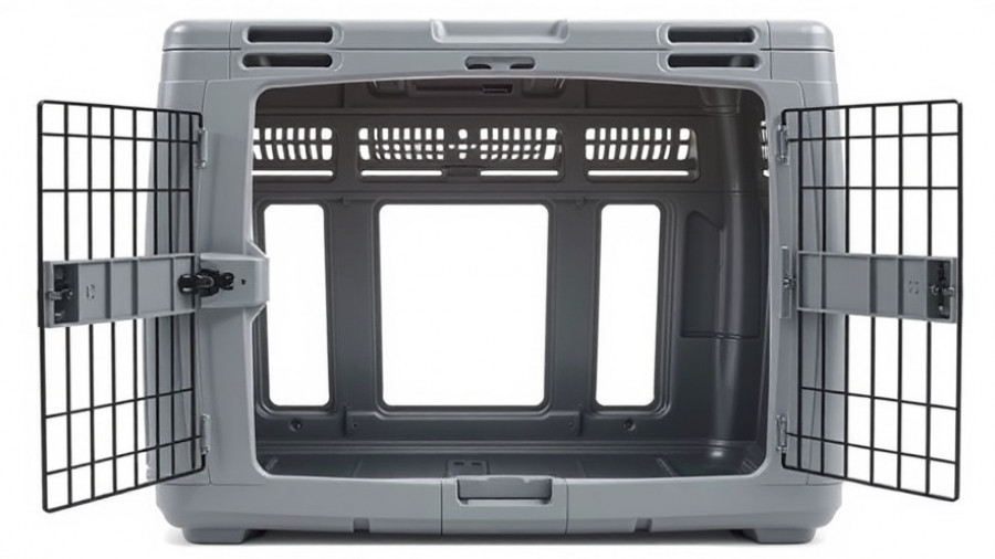 Sturdy grey plastic travel crate for large dogs with open door on white background.