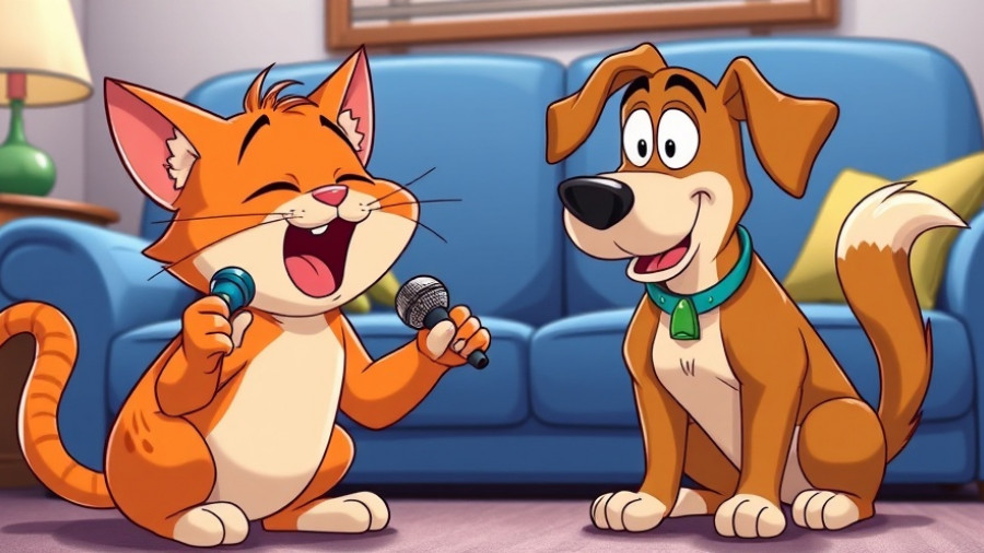 Funny Animal Stuff: Cat singing to a surprised dog in playful cartoon.