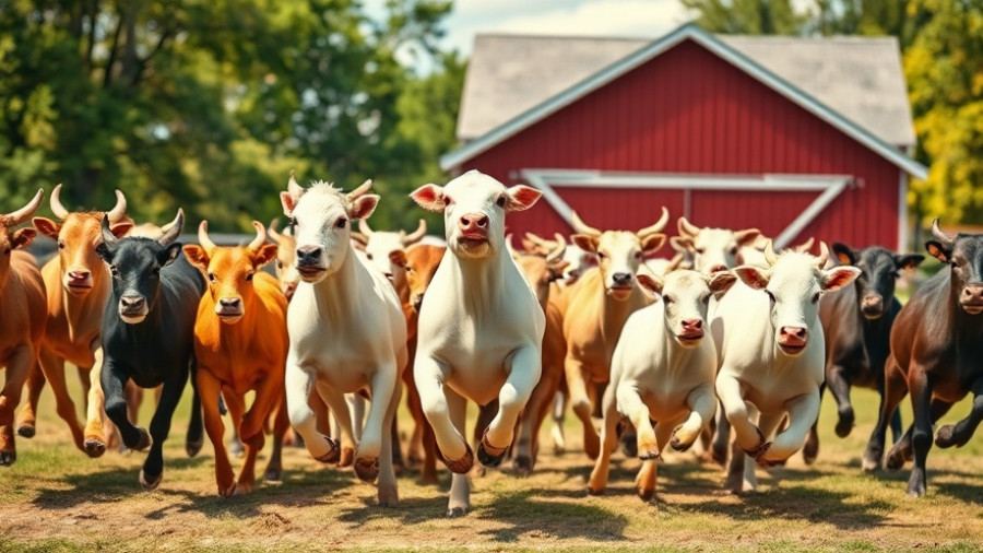 A colorful group of animals running near a red barn, funny animal videos.