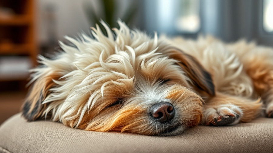 Peaceful dog with sleep apnea sleeping on a cushion indoors.