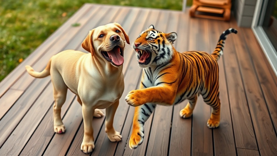 Funny animal stuff in a photorealistic backyard scene.