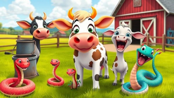 Funny cartoon farm animals in a vibrant setting.