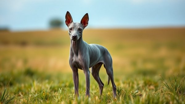 Hairless dog breed standing in a grassy field.