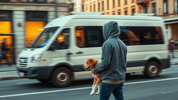 Dog rescue stories: person in a hoodie by a white van during a rescue operation.