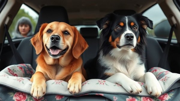 Two dogs enjoying a road trip in a car with 'Take A Ball Leave A Ball'.
