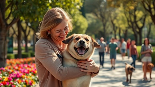 Rescue and Adoption of Abandoned Dogs portrayal in a park with a caring woman.