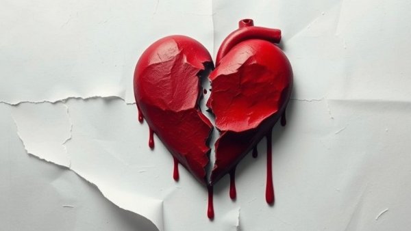 Symbolic torn heart expressing emotional solitude on red and navy background.