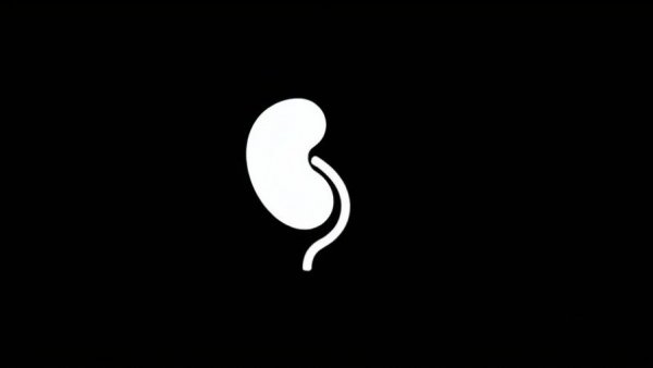 Minimalist white kidney icon on black background.