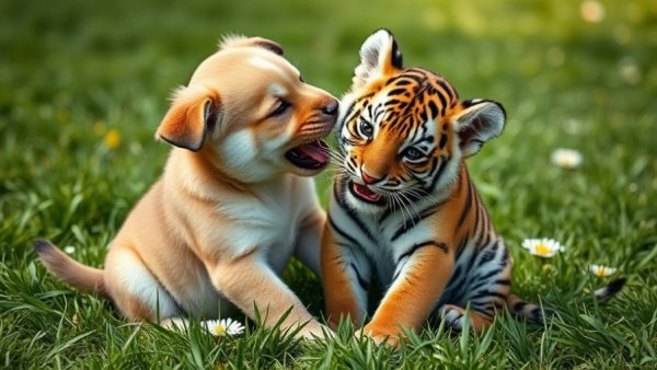 Playful puppy and tiger cub in funny animal video scene.
