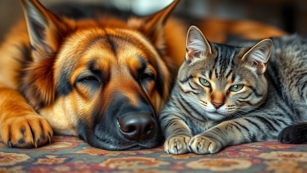 German Shepherd and grey tabby cat relaxing together in RV on carpet.