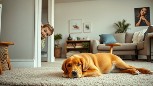 Casual home scene with man and golden retriever, pet friendly travel theme.