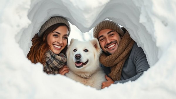 Travel with dog in snow cave, couple and dog peering through heart shape.